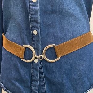 Sellier Tan Suede Belt with Equestrian Silver Clasp Made in France